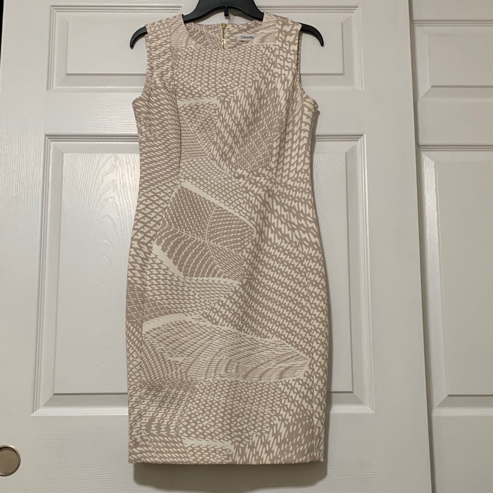 Calvin Klein Beige and Cream Patterned Midi Sheath Dress